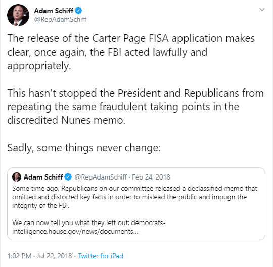 Read more about the article FLASHBACK: Adam Schiff “the FBI acted lawfully and appropriately” Jun. 22, 2018