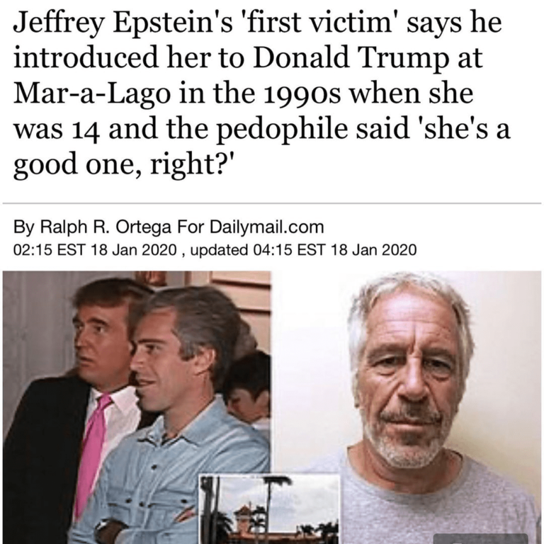 Read more about the article Jeffrey Epstein’s “First Victim” Says He Introduced Her To Donald Trump  at Mar-a-Largo in the 1990’s When She Was 14 and the Pedophile said “shes’s a good one, right?”