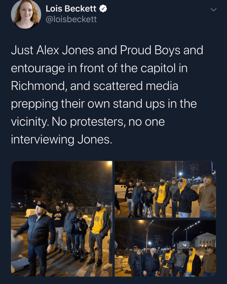 Read more about the article Alex Jones & Proud Boys Entourage In Front Of Capital In Richmond