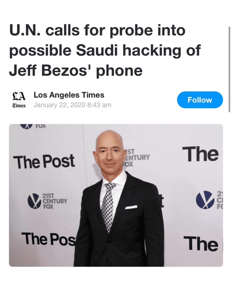 Read more about the article U.N. Calls For Probe Into Possible Saudi Hacking Of Jeff Bezos’ Phone