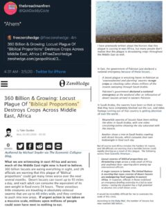 Read more about the article 360 Billion & Growing: Locust Plague Of “Biblical Proportions” Destroys Crops Across Middle East, Africa