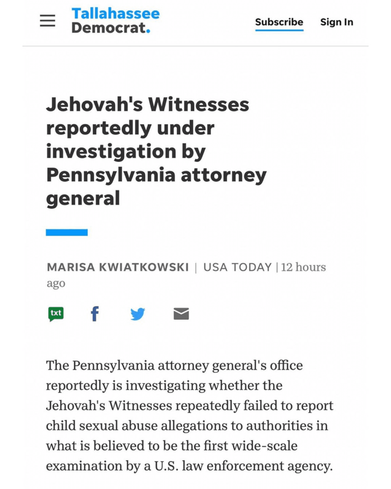 Read more about the article Jehovah’s Witnesses Reportedly Under Investigation By Pennsylvania Attorney General