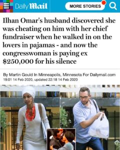 Read more about the article Ilhan Omar’s husband discovered she was cheating on him with her chief fundraiser when he walked in on the lovers in pajamas – and now the congresswoman is paying ex $250,000 for his silence
