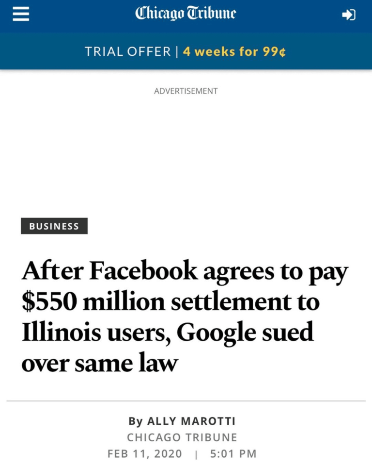 Read more about the article After Facebook agrees to pay $550 million settlement to Illinois users, Google sued over same law