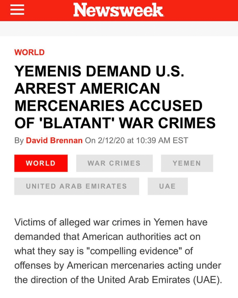 Read more about the article YEMENIS DEMAND U.S. ARREST AMERICAN MERCENARIES ACCUSED OF ‘BLATANT’ WAR CRIMES