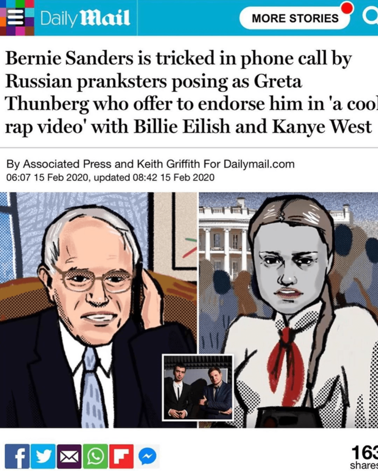Read more about the article Bernie Sanders is tricked in phone call by Russian pranksters posing as Greta Thunberg who offer to endorse him in ‘a coo rap video’ with Billie Eilish and Kanye West