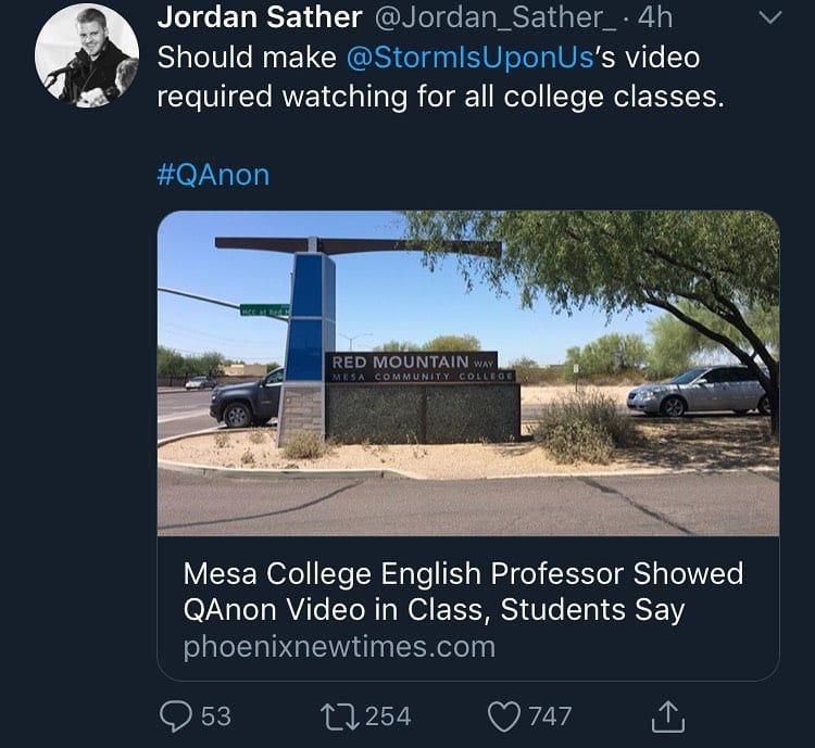 Read more about the article Wow! Mesa College Professor showed his class the QAnon video @stormisuponus made…