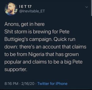 Read more about the article Pete Buttigieg’s Campaign Advisor Pretending To Be Nigerian Support On Twitter Account