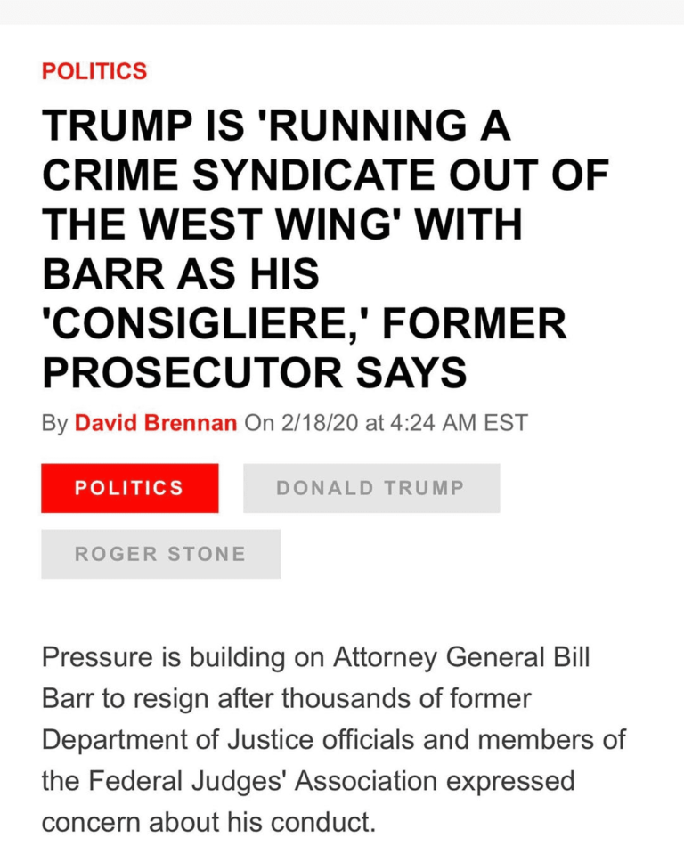 Read more about the article TRUMP IS ‘RUNNING A CRIME SYNDICATE OUT OF THE WEST WING’ WITH BARR AS HIS ‘CONSIGLIERE,’ FORMER PROSECUTOR SAYS