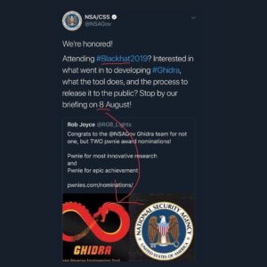 Read more about the article The NSA just tweeted this. Notice the Ghidra logo, the mention of “blackhat,” an…