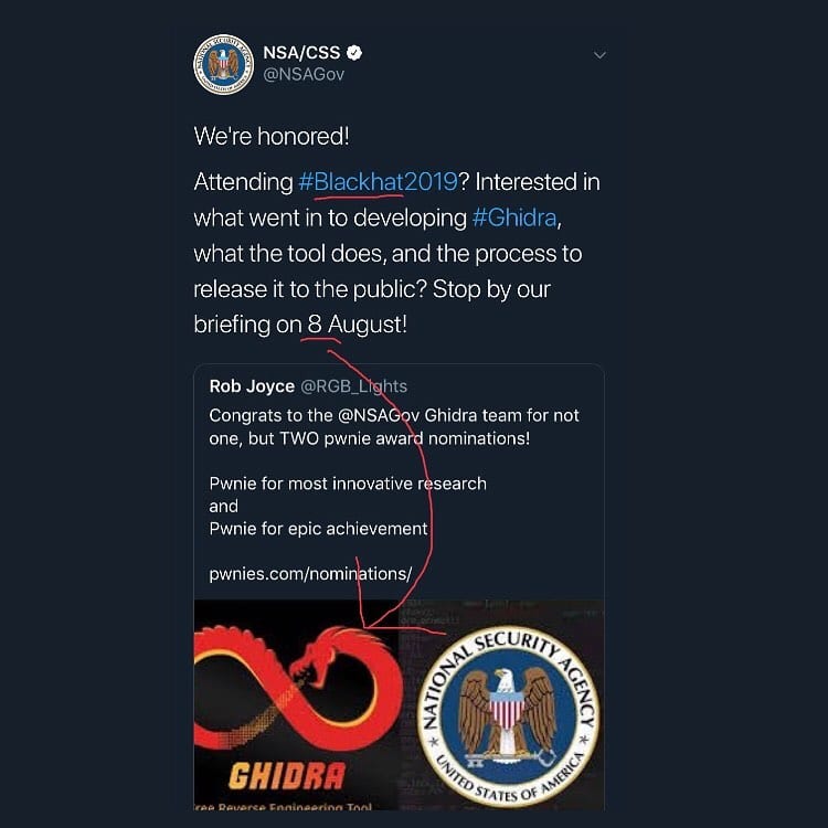 You are currently viewing The NSA just tweeted this. Notice the Ghidra logo, the mention of “blackhat,” an…