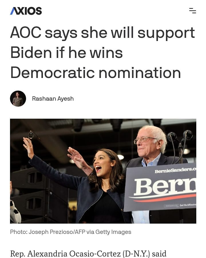 Read more about the article AOC says she will support Biden if he wins Democratic nomination