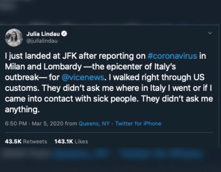 Read more about the article Julia Lindau: “I just landed at JFK…They didn’t ask me where in Italy I went or if I came into contact with sick people.”