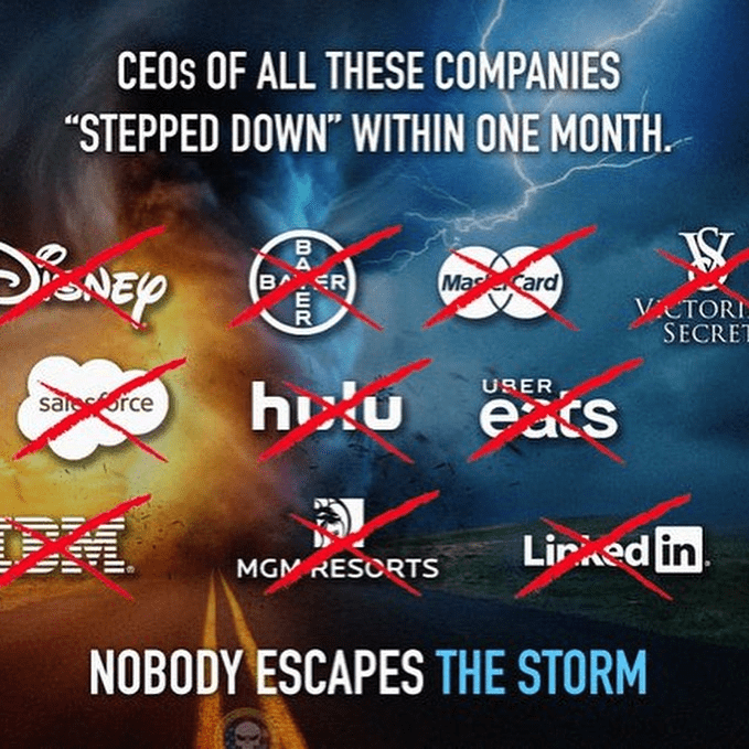 Read more about the article CEOs OF ALL THESE COMPANIES “STEPPED DOWN” WITHIN ONE MONTH;  Disney, Bayer, Master Card, Victoria’s Secret, Sales Force, Hulu, Uber Eats, IBM, MGM Resorts, & LinkedIn