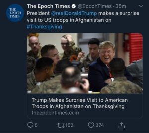 Read more about the article Trump Makes Surprise Visit to American Troops in Afghanistan on Thanksgiving
…