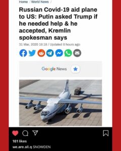 Read more about the article Russian Covid-19 aid plane to US: Putin asked Trump if he needed help & he accepted, Kremlin spokesman says