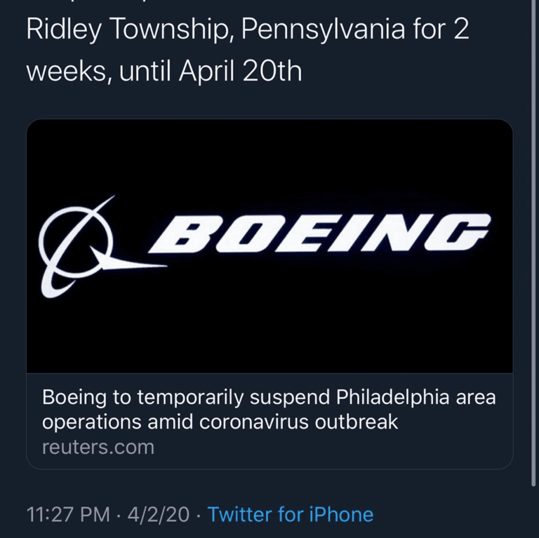 Read more about the article Boeing to temporarily suspend Philadelphia area operations amid coronavirus outbreak