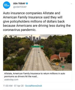 Read more about the article Auto insurance companies Allstate and American Family Insurance to give policyholders millions of dollars back due to Americans driving less during the coronavirus pandemic