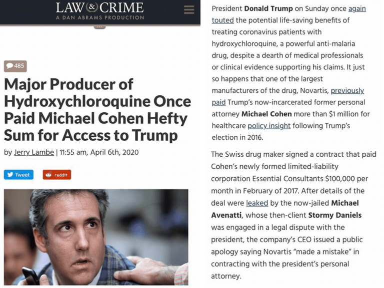Read more about the article Major Producer of Hydroxychloroquine Once Paid Michael Cohen Hefty Sum for Access to Trump