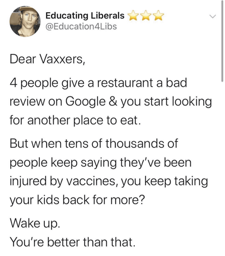 Read more about the article Wake Up: Tens of thousands of people keep saying they’ve been injured by vaccines, you keep taking your kids back for more?