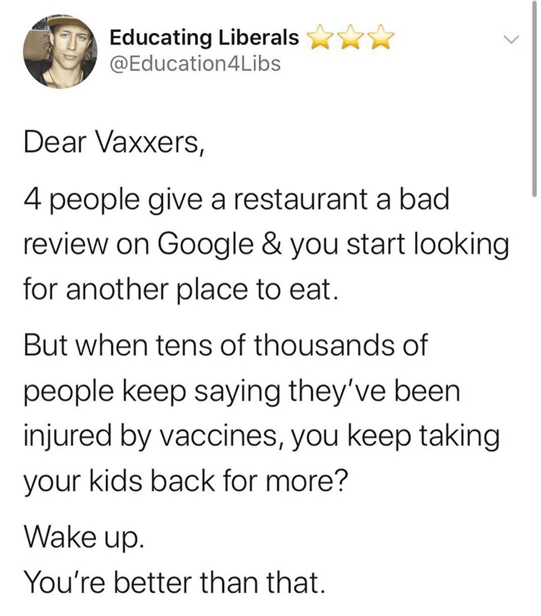 You are currently viewing Wake Up: Tens of thousands of people keep saying they’ve been injured by vaccines, you keep taking your kids back for more?