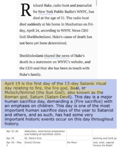 Read more about the article April 19 is the first day of the 13-day Satanic ritual day relating to fire, the fire god, Baal, or Moloch/Nimrod (the Sun God), also known as the Roman god, Saturn (Satan-Devil).