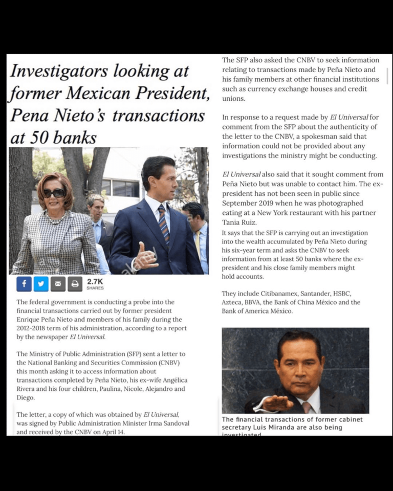 Read more about the article Investigators looking at former Mexican President, Pena Nieto ‘s transactions at 50 banks