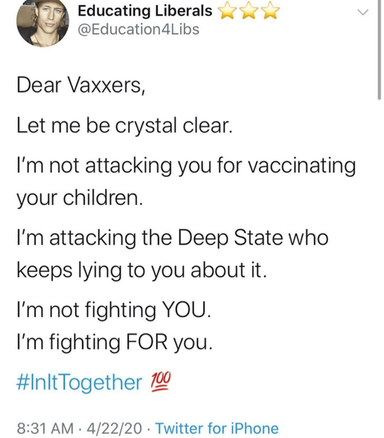Read more about the article I’m not attacking you for vaccinating your children. – I’m attacking the Deep State who keeps lying to you about it. – I’m not fighting YOU. – I’m fighting FOR you. – #1nltTogether