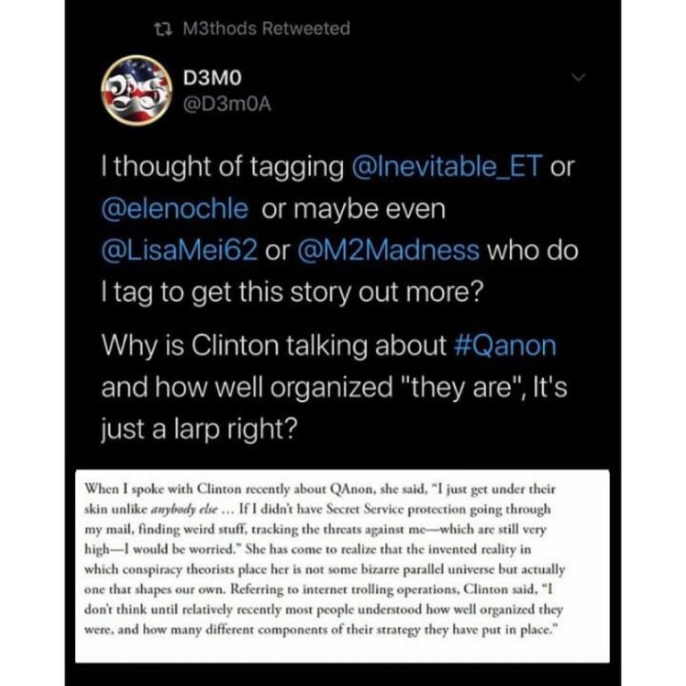 Read more about the article Why is Clinton talking about #Qanon and how well organized “they are”, It’s just a larp right?