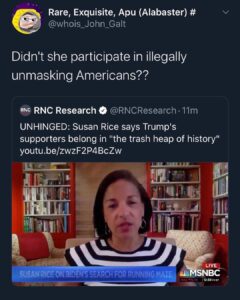 Read more about the article Didn’t she participate in illegally unmasking Americans?? –
–
Susan Rice says Tr…