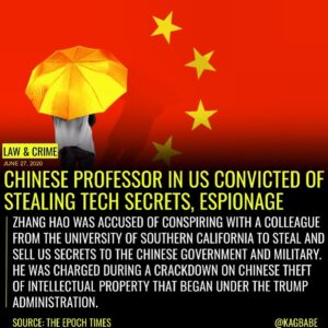 Read more about the article A Chinese professor was found guilty on June 26 of theft of trade secrets, and t…