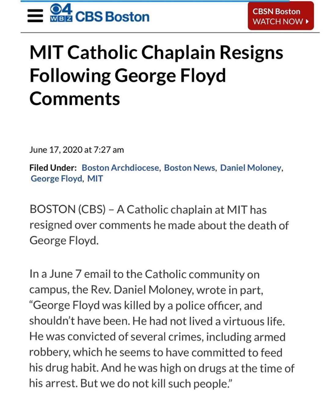 You are currently viewing MIT Catholic Chaplain Resigns Following George Floyd Comments…