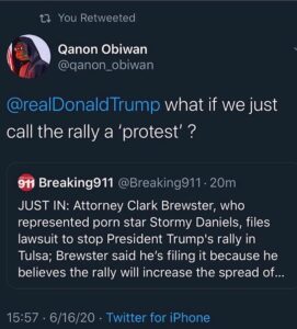 Read more about the article @qanon_obiwan @realDonald Trump what if we just call the rally a ‘protest’ ? –
-…