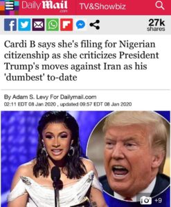 Read more about the article Cardi B says she’s filing for Nigerian citizenship as she criticizes President T…