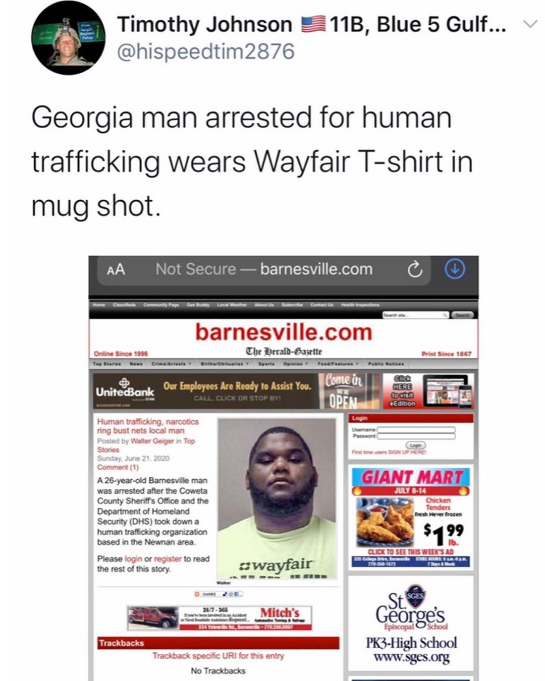 You are currently viewing Georgia man arrested for human trafficking wears Wayfair T-shirt in mug shot.

A…