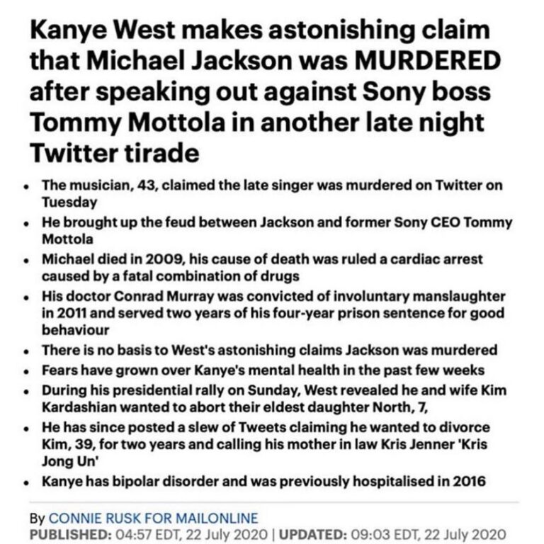 Read more about the article Kanye West makes astonishing claim that Michael Jackson was MURDERED after speak…