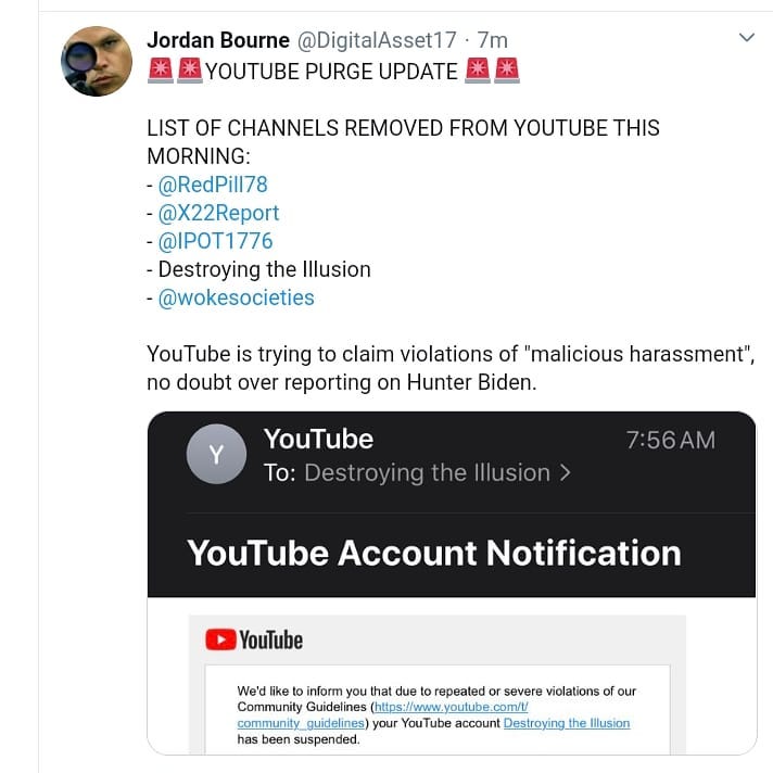 YouTube is trying to claim violations of "malicious harassment", no doubt over reporting on Hunter Biden