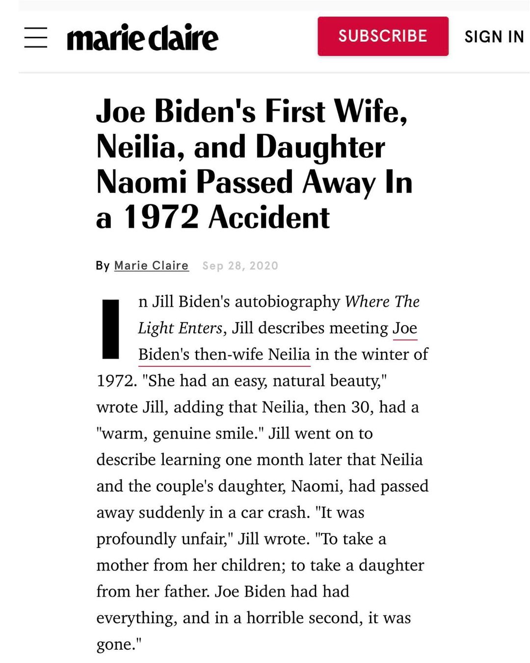 You are currently viewing Joe Biden’s First Wife, Neilia, and Daughter Naomi Passed Away In a 1972 Accident