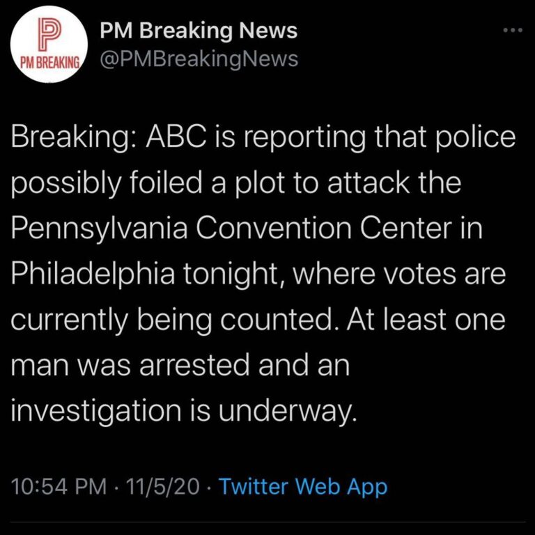 Read more about the article ABC is reporting that police possibly foiled a plot to attack the Pennsylvania Convention Center in Philadelphia tonight, where votes are currently being counted