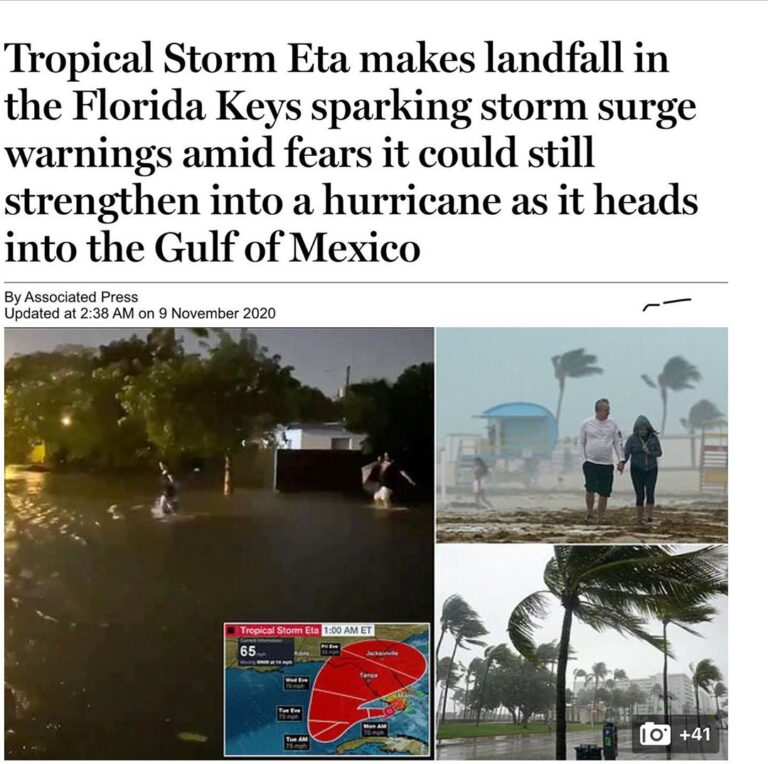Read more about the article Tropical Storm Eta makes landfall in Florida Keys sparking storm surge warnings amid fears it could strengthen into a hurricane as it heads into the Gulf of Mexico