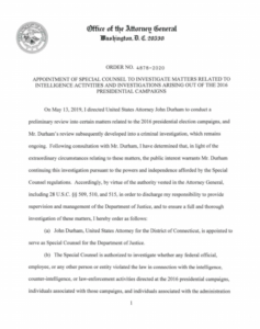 Read more about the article Copy of the order from Barr appointing John Durham as special counsel of the inv