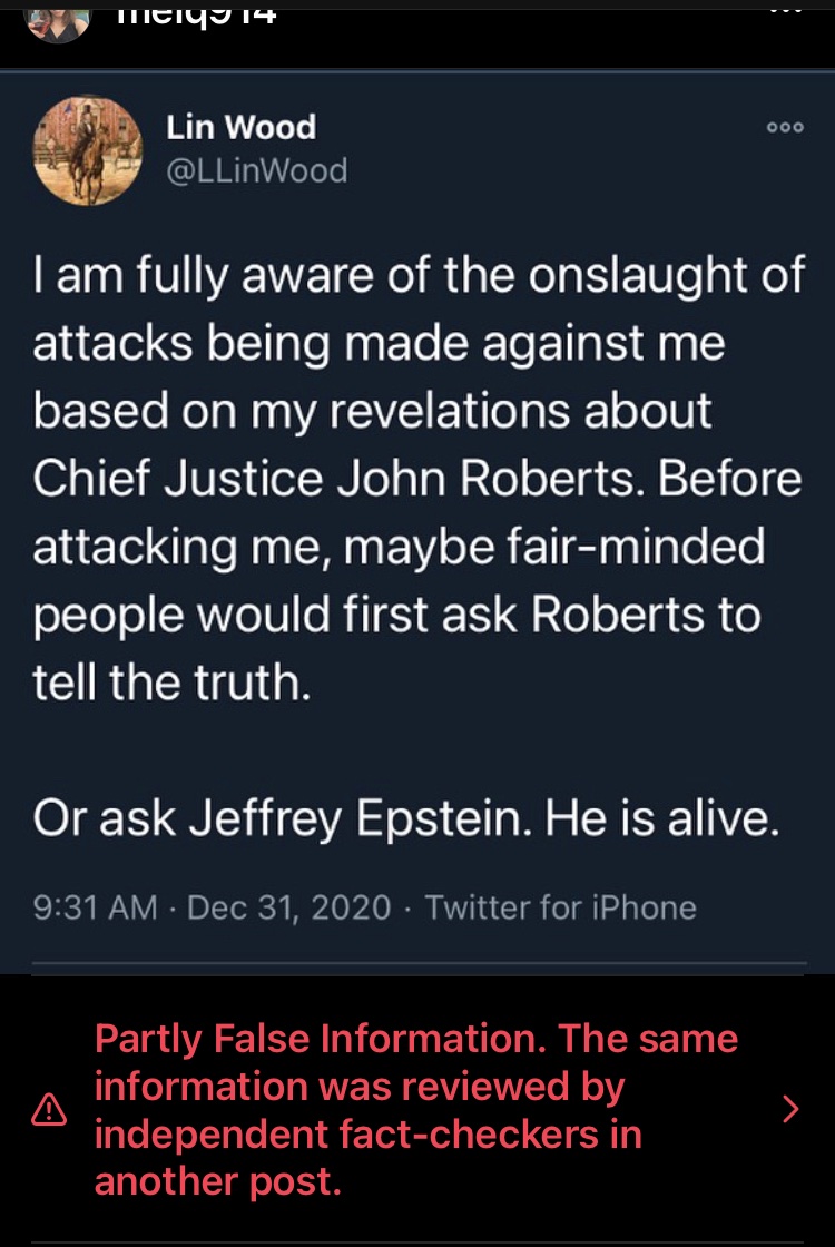 You are currently viewing Instagram claiming Lin Wood tweet that Epstein is alive is false. – So it must be true