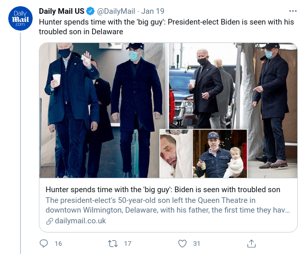 Read more about the article Hunter spends time with the ‘big guy’: President-elect Biden is seen with his troubled son in Delaware