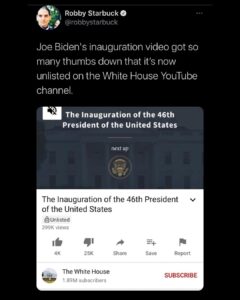 Read more about the article Joe Biden’s inauguration video got so many thumbs down that it’s now unlisted on the White House YouTube channel.