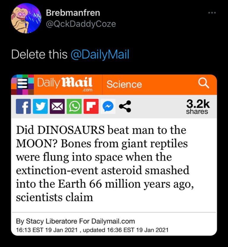 Read more about the article Did DINOSAURS beat man to the MOON? Bones from giant reptiles were flung into space when the extinction-event asteroid smashed into the Earth 66 million years ago, scientists claim