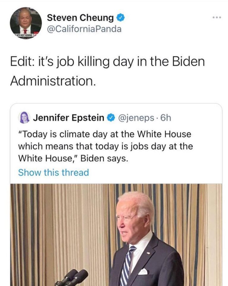 Read more about the article Edit: it’s job killing day in the Biden Administration. “Today is climate day at the White House which means that today is jobs day at the White House,” Biden says.