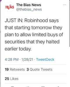 Read more about the article JUST IN: Robinhood says that starting tomorrow they plan to allow limited buys of securities that they halted earlier today.