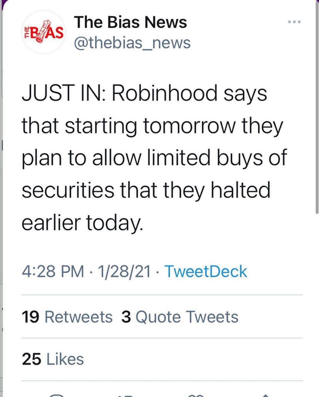 You are currently viewing JUST IN: Robinhood says that starting tomorrow they plan to allow limited buys of securities that they halted earlier today.