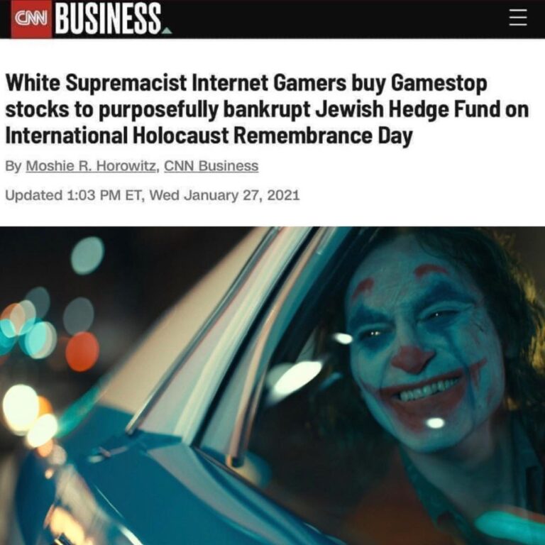 Read more about the article CNN BIG MAD: White Supremacist Internet Gamers buy Gamestop stocks to purposefully bankrupt Jewish Hedge Fund
