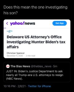 Delaware US Attorney’s Office investigating Hunter Biden’s tax affairs – Meanwhile, Mayor of Tampa will be prosecuting maskless fans from the Super Bowl. Including herself…?